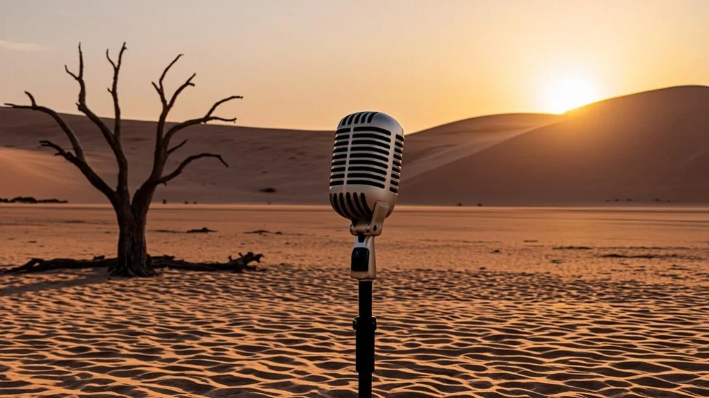 Crescendo Namibia: a vintage microphone silhouetted against the red dunes of Sossusvlei at golden hour