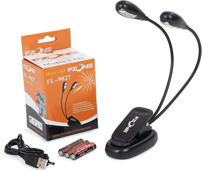 Fzone FL9027 Clip on LED double music stand light, black, with 2 x LED bulbs per arm - including USB power cable and batteries