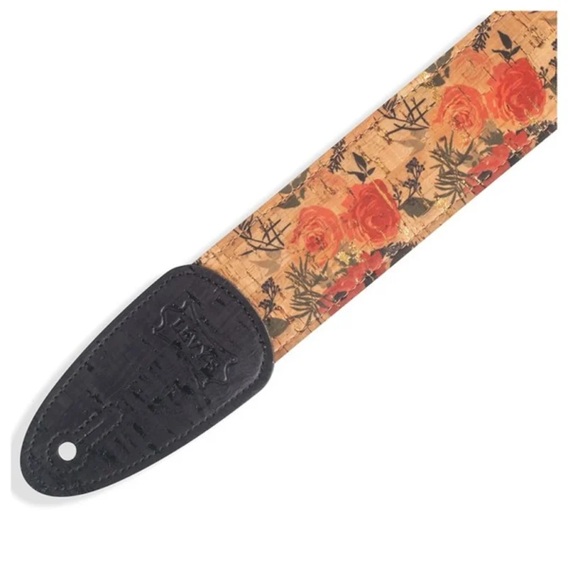 Levy 2  Cork Wildflower On Black Guitar Strap